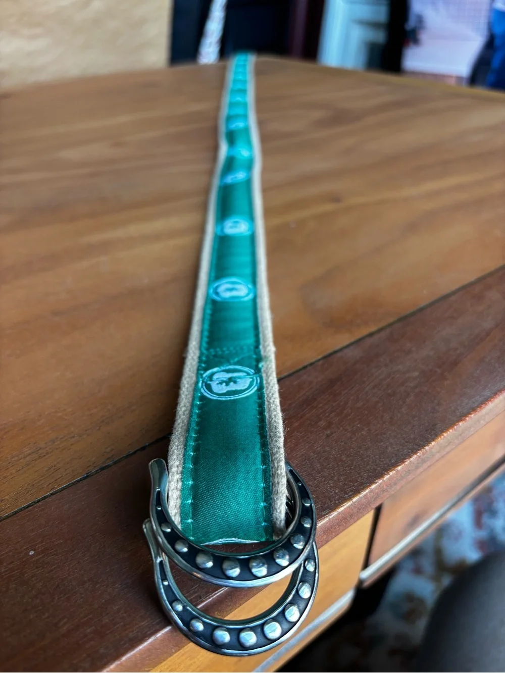 VTG RARE Equestrian Ribbon Belt Green Jeremiah Watt Horse Shoe Brand Buckle M